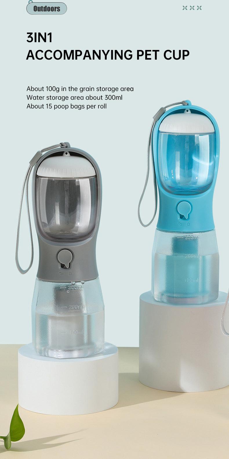 3 in 1 Portable Pet Water Bottle with Food Container