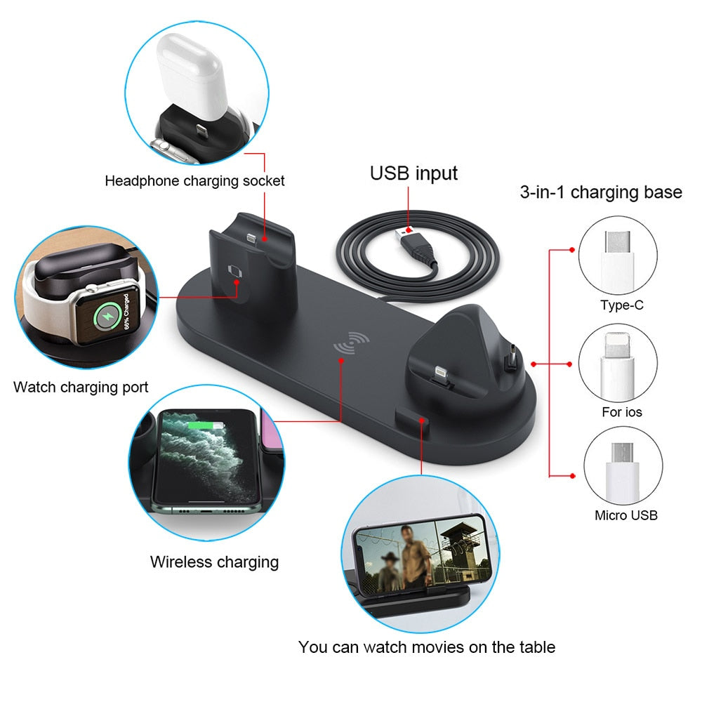 6 in 1 Wireless Charger Dock Station for iPhone/Android/Type-C