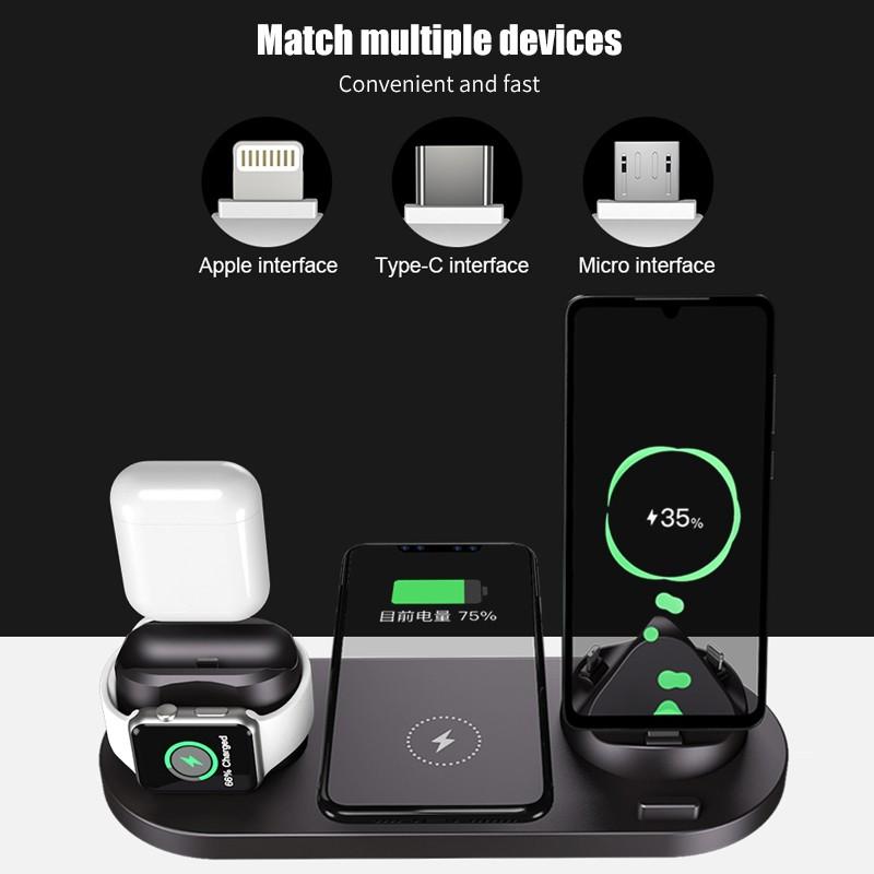6 in 1 Wireless Charger Dock Station for iPhone/Android/Type-C